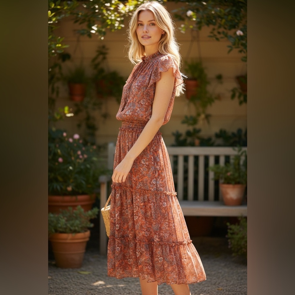 Joie De Vivre Floral Ruffled Prairie Boho Tiered Cap Sleeves Muti MIDI Dress M